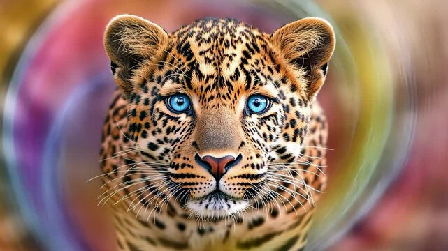 The vibrant swirl of neon colors surrounding the majestic leopard creates an enchanting and immersive visual experience, drawing viewers in with its dynamic energy and captivating beauty