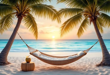 Hammock hanging on palm trees on the beach with coconut drink against seascape view on sunlight sky