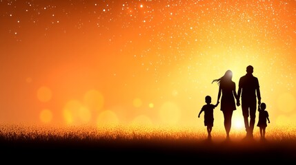 Fototapeta premium Family Silhouette at Sunset, Walking Towards Light