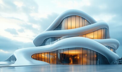 Futuristic, white, curved building; illuminated windows.