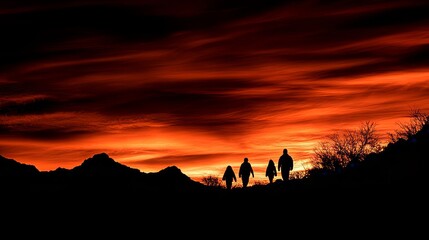 Family Silhouette Hiking Sunset Fiery Sky Mountains
