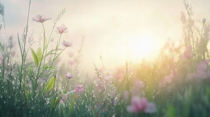 Obraz premium Soft Sunrise Field: Delicate pink wildflowers sway gently in a sun-drenched meadow, their petals kissed by the golden rays of the rising sun, creating a breathtaking, ethereal scene.