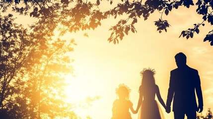 Fototapeta premium Family Silhouette Sunset Walk Holding Hands