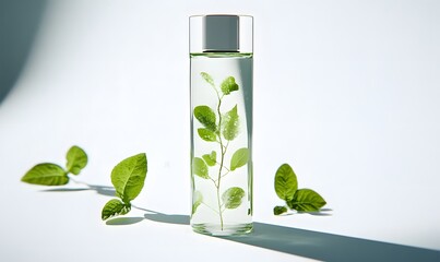 Transparent bottle with plant inside and leaves.