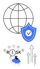 Magnifying glass over RISK, shield with checkmark for security, global grid, upward arrows for growth. Ideal for cybersecurity, risk management, data analysis, protection, global business safety