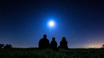 Family Silhouettes Under Starry Night Sky and Moon