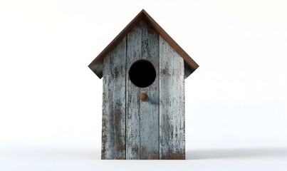 Weathered wooden birdhouse isolated on white.