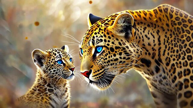 The vibrant swirl of neon colors surrounding the majestic leopard creates an enchanting and immersive visual experience, drawing viewers in with its dynamic energy and captivating beauty
