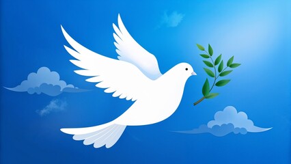 Obraz premium Silhouette Of A White Dove Of Peace With Olive Branch On Blue Sky