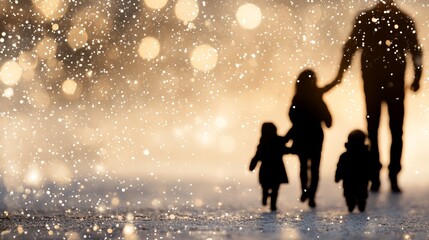 Family Winter Walk Silhouetted Against Festive Lights