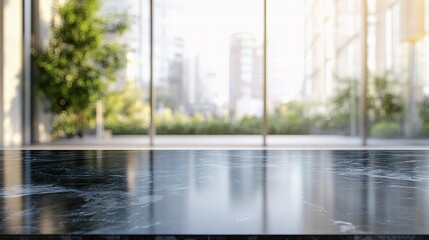 Naklejka premium Modern Reflection: This image highlights a modern interior with a sleek, reflective floor, large glass windows, and a backdrop of a city.