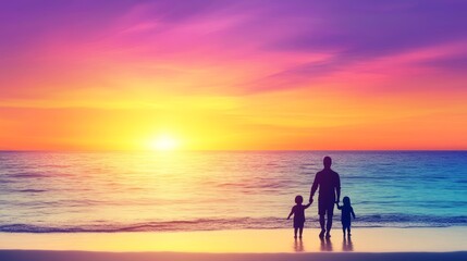 Fototapeta premium Father And Children Silhouetted At Sunset Beach