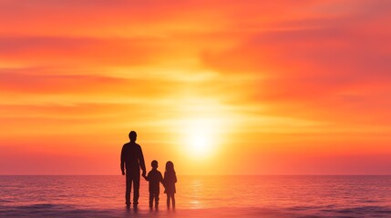 Father And Children Silhouetted At Sunset Ocean