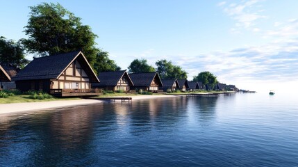 Obraz premium Lakeside village houses at sunrise