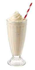 Classic Vanilla Milkshake: A tall, frosty glass of vanilla milkshake topped with whipped cream and a red and white striped straw, tempting and refreshing.  