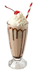 Chocolate Milkshake Delight: A creamy, decadent chocolate milkshake, topped with whipped cream, a maraschino cherry, and drizzled with rich chocolate syrup.