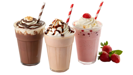 Three Delicious Milkshakes: Indulge your senses with this mouthwatering image of three creamy milkshakes – chocolate, vanilla, and strawberry – each topped with whipped cream and a vibrant red straw.