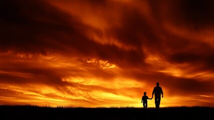 Father and Son Silhouetted Against Fiery Sunset Sky