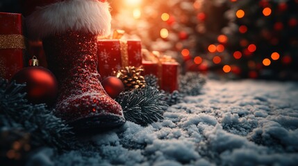 Festive Christmas Scene with Santa Boots and Gifts in Snowy Setting