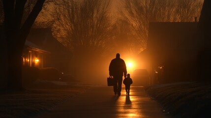Fototapeta premium Father and Son Silhouetted Sunset Walk Home