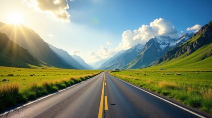 Naklejka premium Asphalt ribbon unwinding towards a majestic mountain range, bathed in the golden hues of sunset, a picturesque landscape of verdant meadows and snow-capped peaks