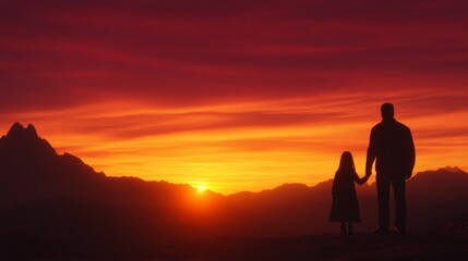Father Daughter Silhouette Sunset Mountain View