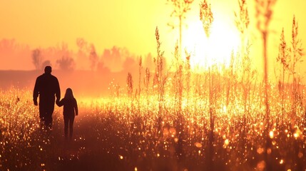 Fototapeta premium Father Daughter Sunset Stroll Golden Field