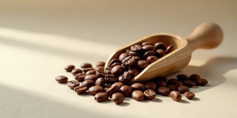 Fototapeta premium Wooden scoop overflowing with roasted coffee beans spilling onto a light beige surface bathed in soft sunlight