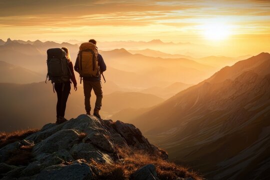 A couple enjoys a breathtaking sunset at the mountaintop.