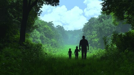 Father Leading Children Through Lush Forest Path
