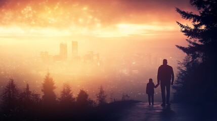 Fototapeta premium Father Son Cityscape Sunset Silhouette Holding Hands