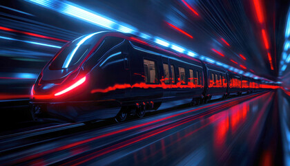 Fototapeta premium Futuristic train speeding through a neon-lit tunnel.