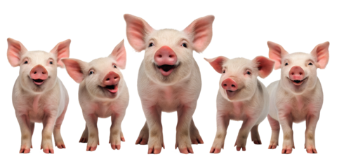 Illustration of five adorable pigs in various poses, each isolated on a transparent background, offering a playful and charming design for farm animal themes, educational content, and children's illus