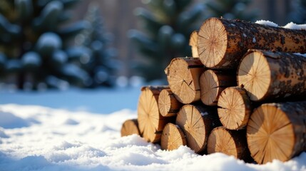 Stack of neatly arranged firewood logs rests in a snowy winter landscape, bathed in sunlight