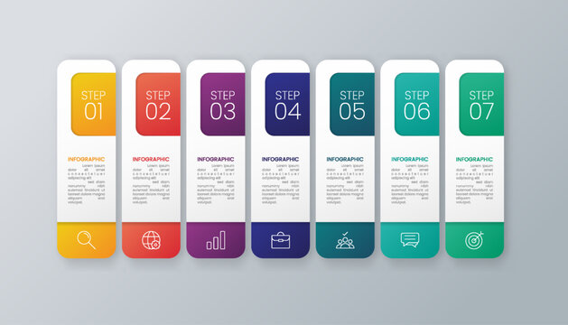 Modern business infographic template with 7 options or steps icons.