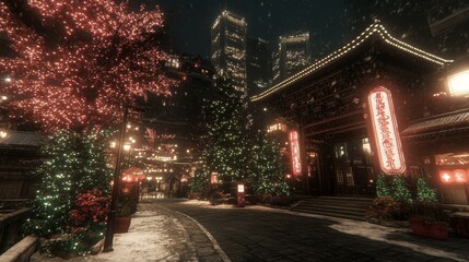 Fototapeta premium Festive Asian Cityscape Winter Night Lights
