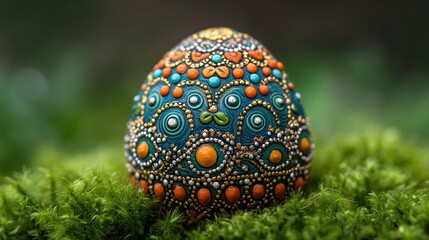 Intricately Decorated Egg on a Mossy Surface in a Natural Setting