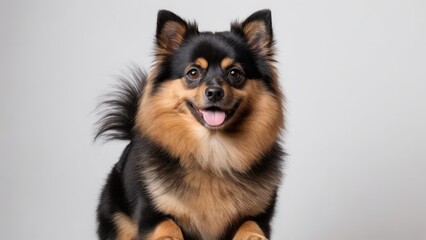 Black and tan german spitz dog on grey background