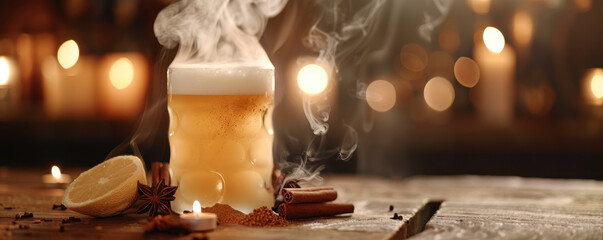 cinematic close up of steam rising from hot beer with spices and citrus
