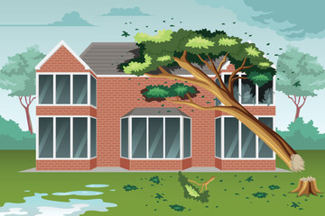 Big Tree Falling on a House Accident Vector Illustration