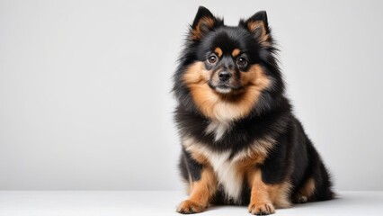 Black and tan german spitz dog on grey background