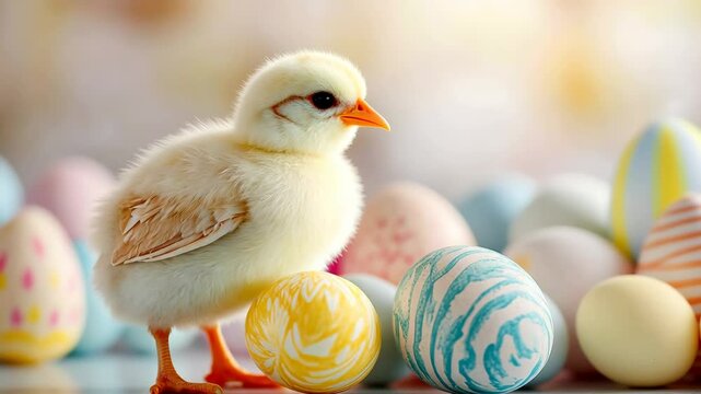 Adorable chick with colorful easter eggs in a soft light setting