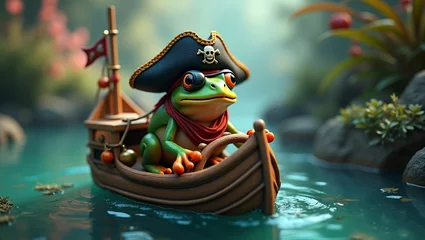 3D render pirate frog with a captain's hat eye patch tiny pirate ship boat vibrant colors and magical lighting playful cute cartoon 