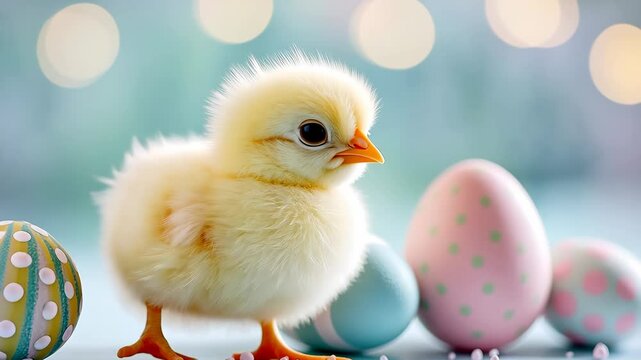 Adorable fluffy chick with pastel easter eggs against soft focus background