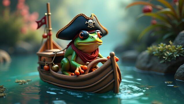 3D render pirate frog with a captain's hat eye patch tiny pirate ship boat vibrant colors and magical lighting playful cute cartoon 