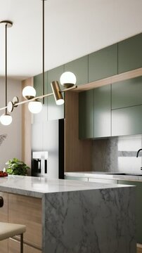 A modern kitchen featuring green cabinets, a marble countertop, stylish pendant lights, and sleek bar stools, creating an inviting and contemporary atmosphere. 3d rendering video 4K vertical.