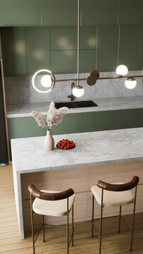 A modern kitchen featuring a marble countertop island, green cabinets, stylish lighting, and decorative elements, creating a chic and inviting space. 3d rendering top view dining interior.