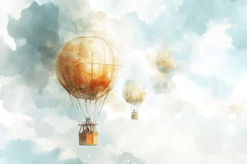 The image depicts three vintage hot air balloons floating in a sky filled with soft, pastel-colored clouds