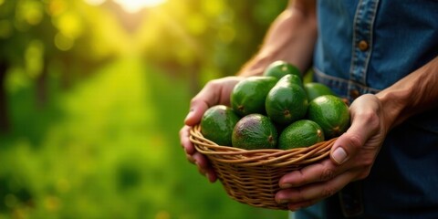A farmer's hands gently cradle a wicker basket brimming with freshly harvested avocados, bathed in the warm glow of the setting sun.