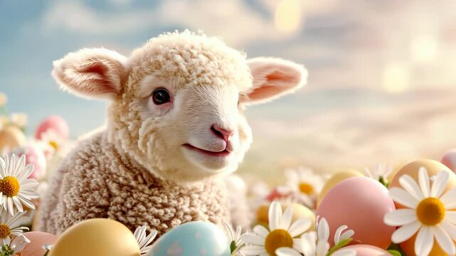 Cute lamb surrounded by colorful easter eggs and daisies in a spring meadow